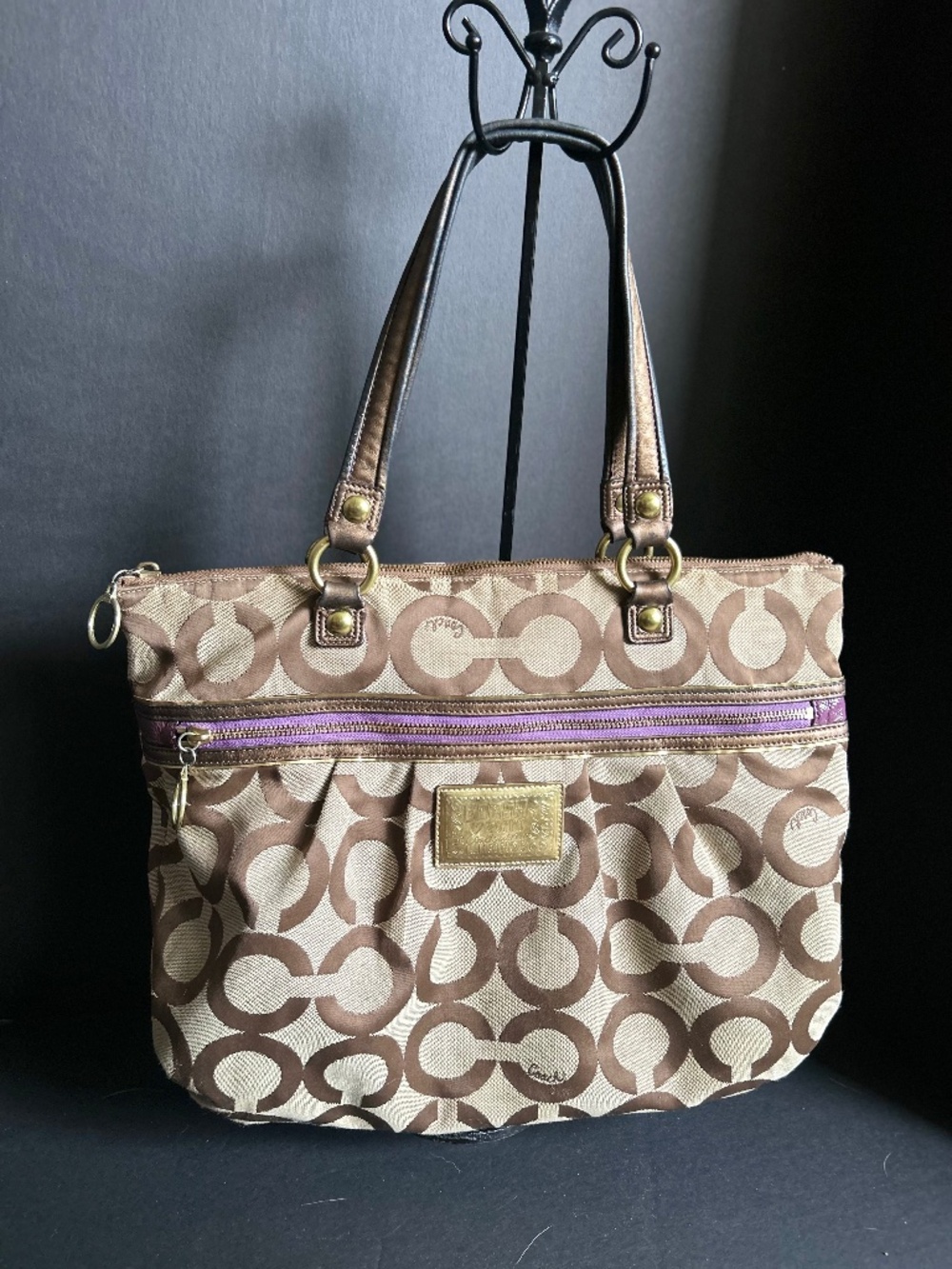 LARGE Authentic Coach Poppy Glam Signature Tote Brown & Tan H1072-15331